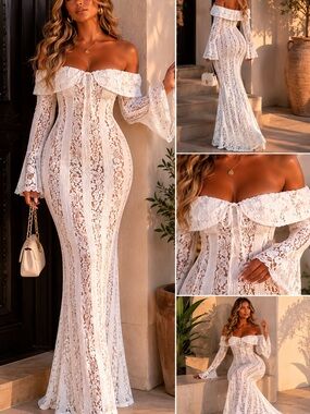 Off-Shoulder White Lace Maxi Dress - Elegant Women’s Evening Gown